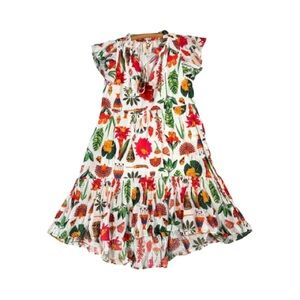 Figue Tropical Floral Print Tiered Ruffle Dress Cap Sleeves Size XS